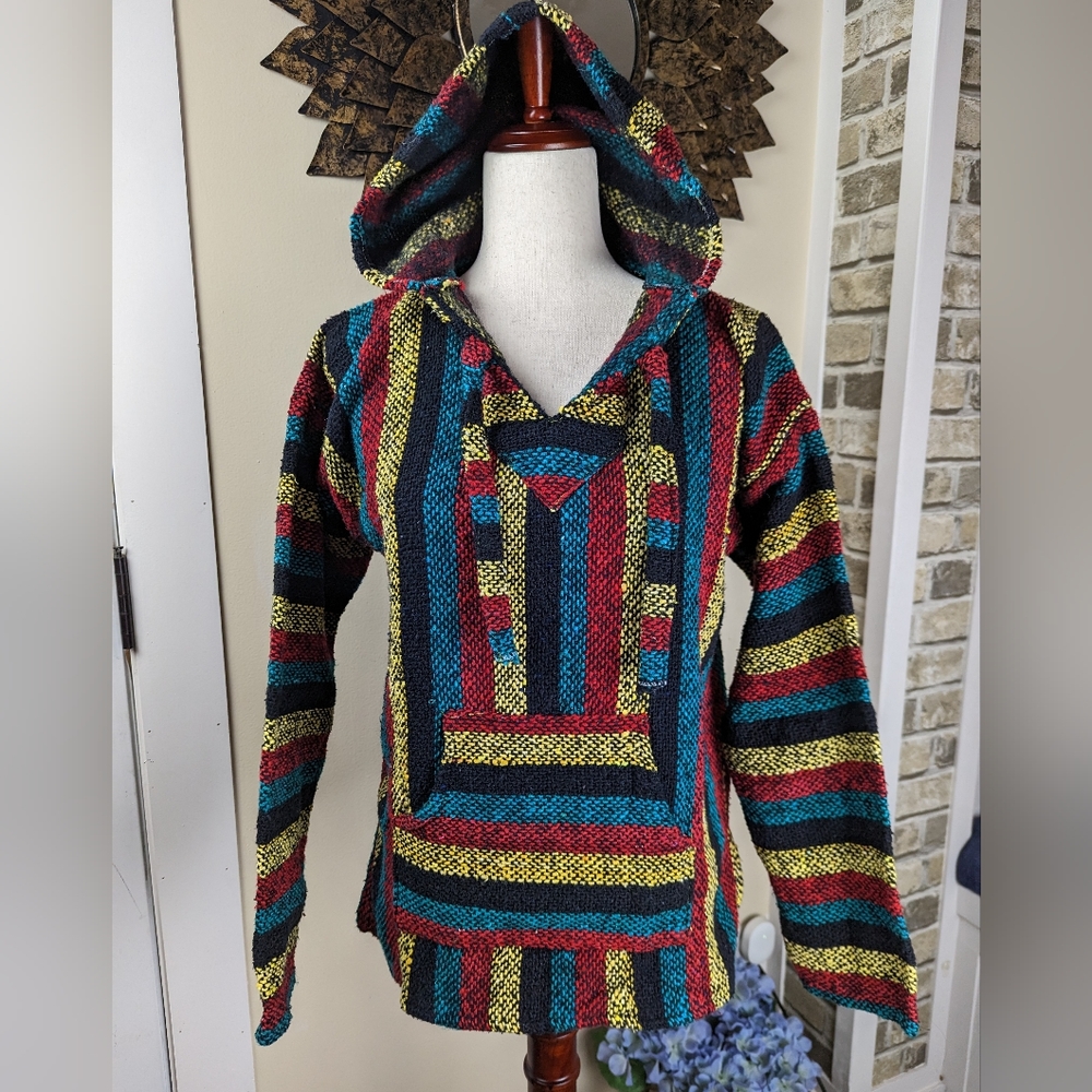 Mexican Textiles Sandy Multicolor Rasta Drug Rug Baja Hoodie Size Medium